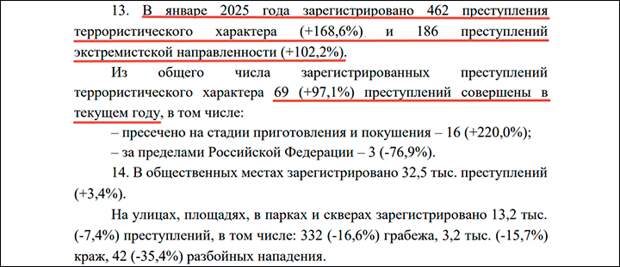 Фрагмент отчёта МВД "Состояние преступности в Российской Федерации за январь 2025 года" // Скриншот страницы сайта мвд.рф