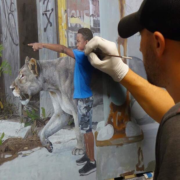 Гиперреалистичные картины Кевина Петерсона: дети и животные в городской среде Кевин Петерсон, дети, животные, искусство, рисунок, художник