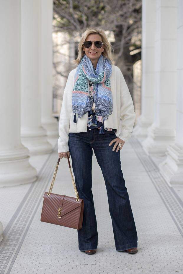 mixing ivory and navy with some bold color and patterns for todays fashion style feature outfit