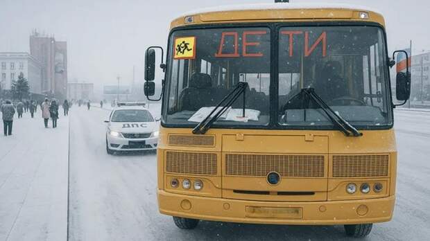 Автомобиль Госавтоинспекции сопровождает школьные автобусы / Изображение сгенерировано нейросетью