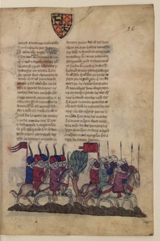 Fleur des histoires de la terre d'Orient, vers 1301-1400. Paris, BnF, département des Manuscrits. NAF 886.fol. 26, Mongols poursuivant les Égyptiens Fleur des histoires de la terre d'Orient, vers 1301-1400. Paris, BnF, département des Manuscrits. NAF 886.fol. 26, Mongols poursuivant les Égyptiens