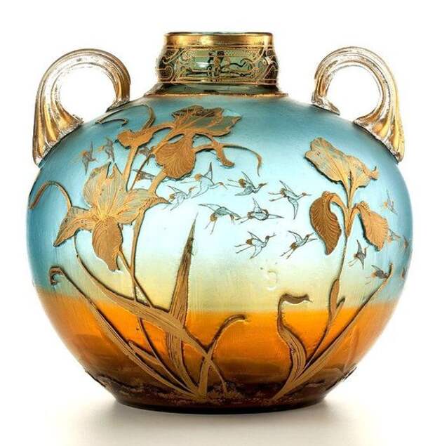 VICTORIAN ART GLASS VASE Deeply etched with lilies and painted in gilt with flying cranes, two applied handles, circa 1885