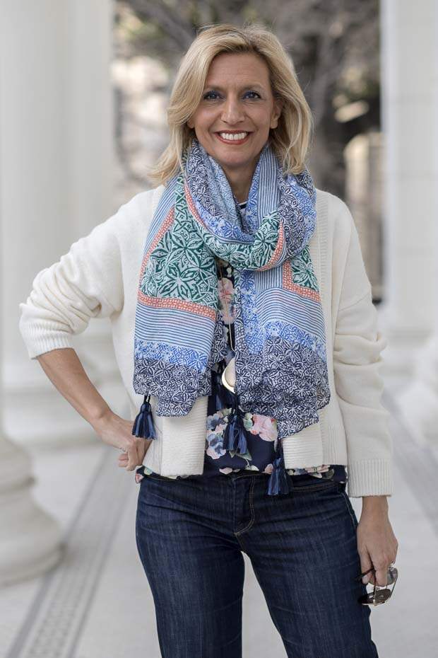 mixing ivory and navy with some bold color and patterns for todays fashion style feature outfit