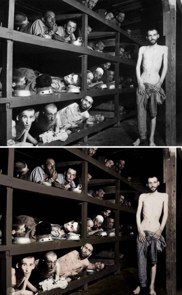 Истощенные заключенные одного из крупнейших концлагерей Второй мировой войны.
