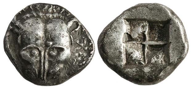 Триобол. серебро. Пантикапей, 520 г.до н.э. голова льва и засеянное поле