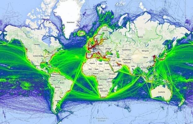 Мировая карта движения морских судов Мировая карта движения морских судов