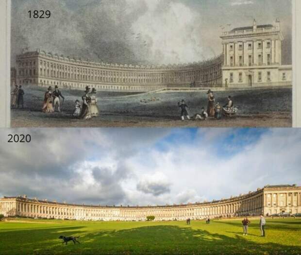 Королевский полумесяц, город Бат, Англия, 1829 и 2020 Королевский полумесяц, город Бат, Англия, 1829 и 2020