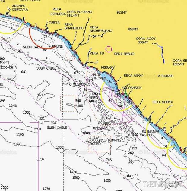 Фрагмент из карты глубин Черного моря Небуг-Туапсе.