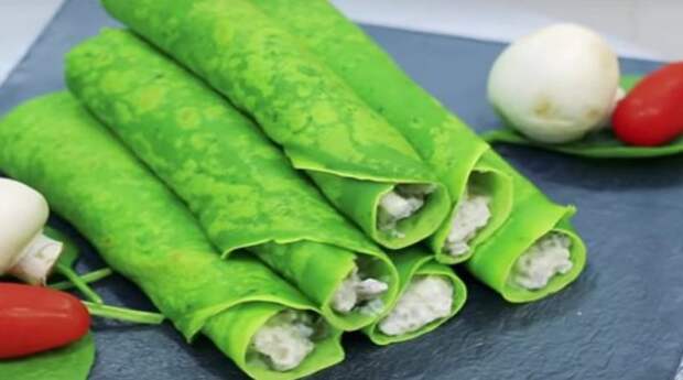 Необычайно вкусные зеленые блинчики с грибами