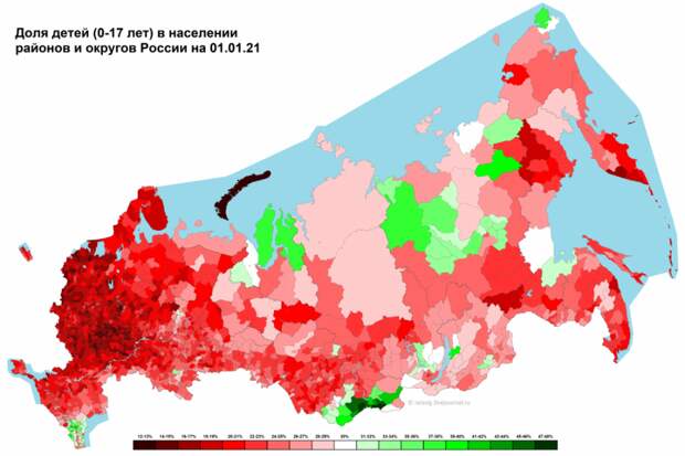 Доля детей (0-17 лет) в населении городских и муниципальных округов и районов