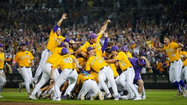 The LSU baseball team celebrates a national championship.