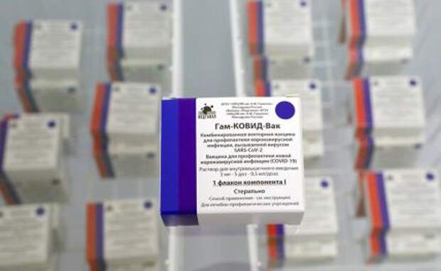 На фото: коробки с компонентами I (синяя полоса) и II (красная полоса) вакцины "Гам-КОВИД-Вак" (торговая марка "Спутник V") для профилактики новой коронавирусной инфекции COVID-19.