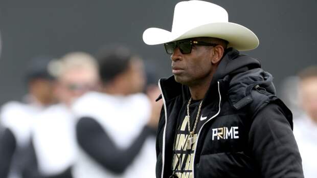 Deion Sanders watches on at the Colorado spring game.