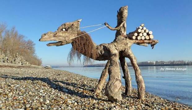 Скульптуры из коряг, выброшенных на берег