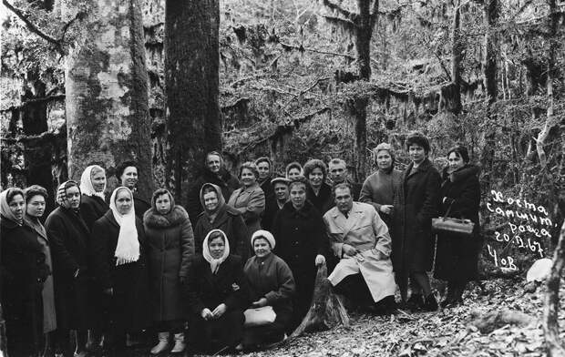 Группа экскурсантов в Самшитовой роще (Хоста). Неизвестный автор, 20 февраля 1967 года, пос. Хоста, из архива Шарыповых – Афанасьевых.