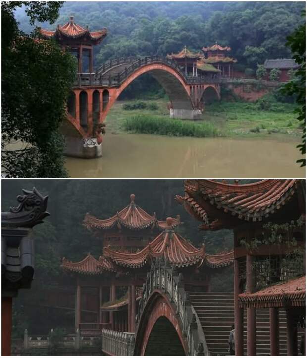 Лунный мост соединяет холмы и ведет к статуе Leshan Giant Buddha (Эмэйшань, Китай). | Фото: askideas.com/ mediastorehouse.com.