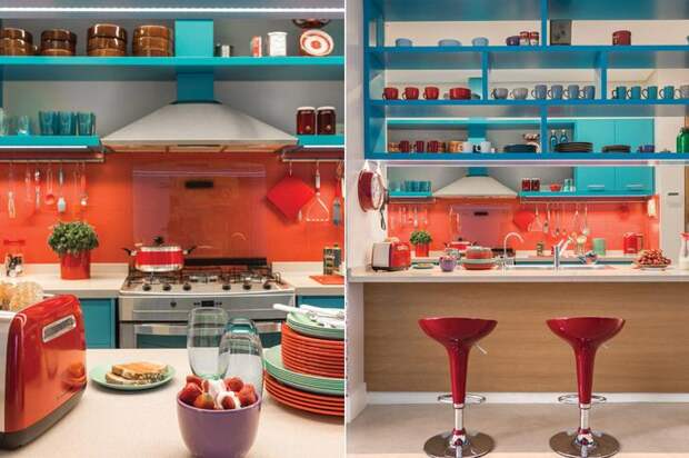 дизайн оранжевой и синей кухни