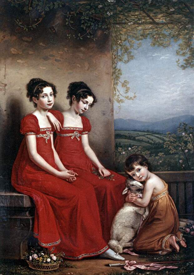 Амалия и Елизавета в детстве. Ягненка обнимает их младшая сестра Максимилиана. 