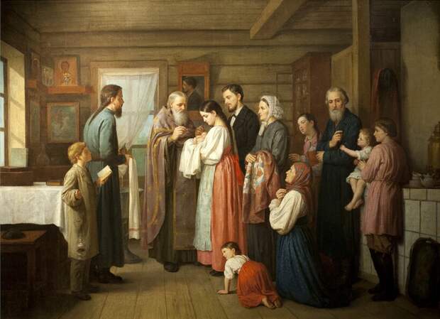 Картина «Крестины», Аким Егорович Карнеев. 1870-е годы Картина «Крестины», Аким Егорович Карнеев. 1870-е годы