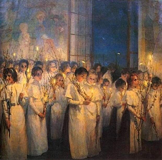 Серафима Блонская - Девочки. Вербное воскресение. 1900 г. Холст, масло, 181×187. Таганрогский художественный музей