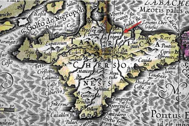 Рис. 11. Крымский Инд – река Indas у стрелки на карте Меркатора 1595 г.