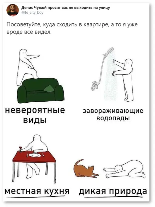 изображение: Посоветуйте, куда сходить в квартире, а то я уже вроде всё видел. - Невероятные виды. - Местная кухня. - Дикая природа. #Прикол