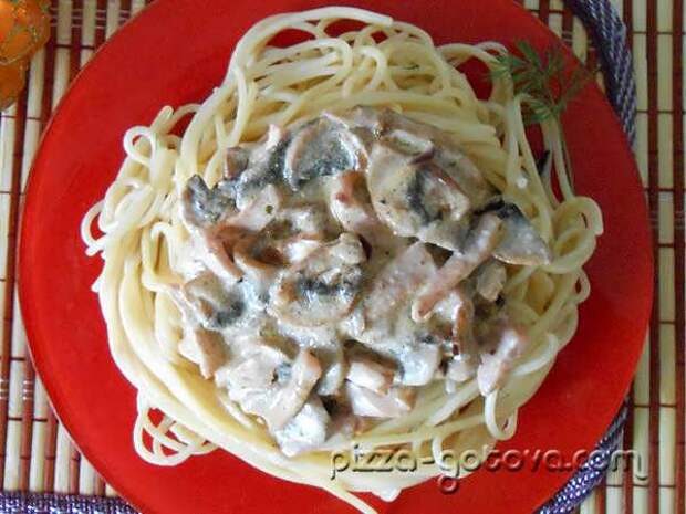 Спагетти с грибами и ветчиной в сливочном соусе