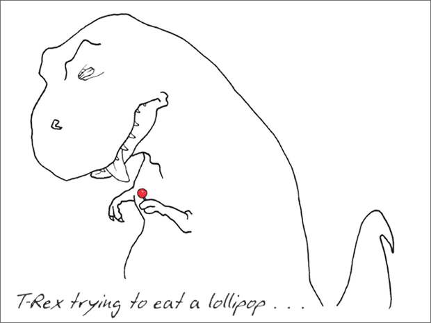 15. «Ти-Рекс пытается съесть леденец…» динозавр, иллюстрация, рекс, рисунок, художник, юмор