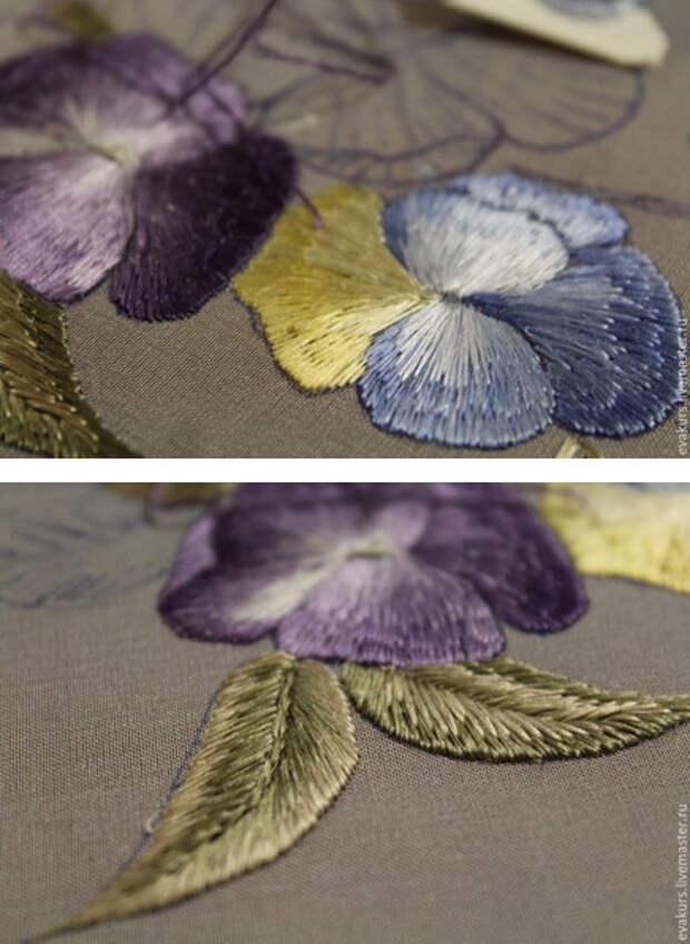 Нежный цветок «Виола»: мастер-класс по вышивке односторонней гладью...