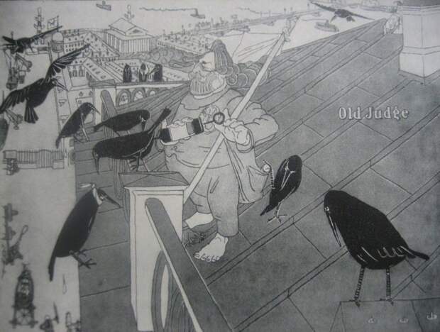 Карикатура. Пернатые пациенты (А.И.Куинджи на крыше своего дома). Автор: Павел Щербов.