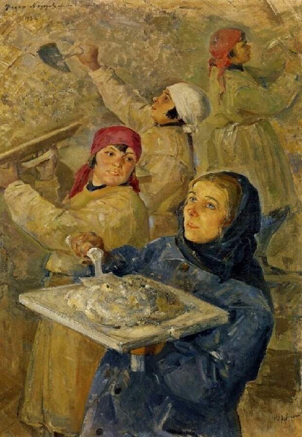 «Ударная комсомольская бригада штукатурщиц.» (1932 год). Автор: Модоров Федор.