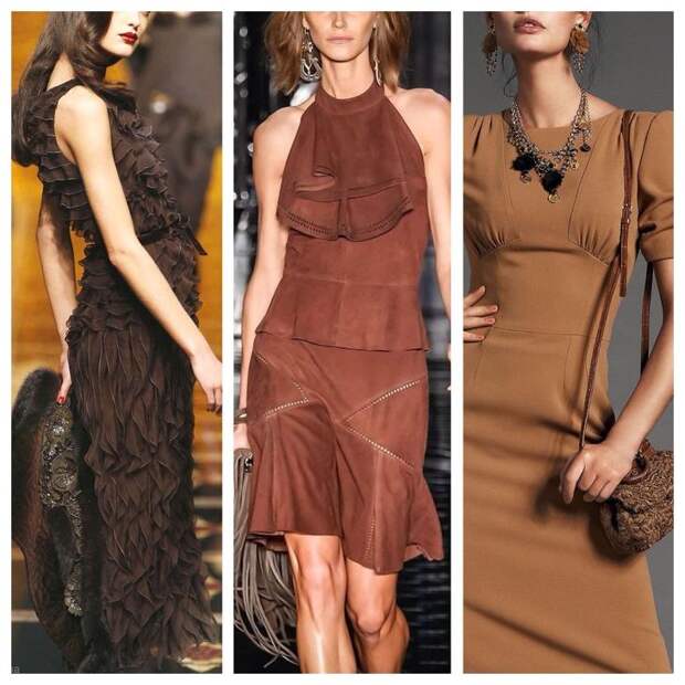 подиумные решения платьев коричневого цвета