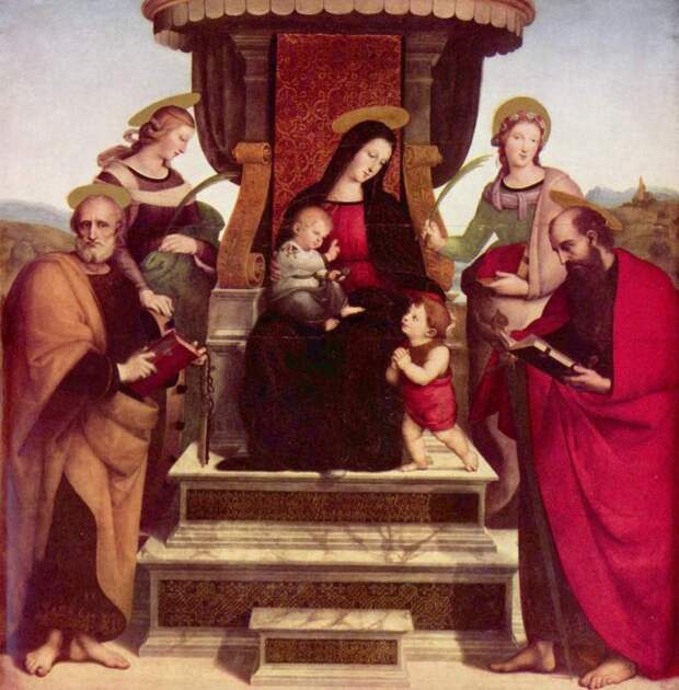 Рафаэль Санти - Мадонна с младенцем на троне и святые