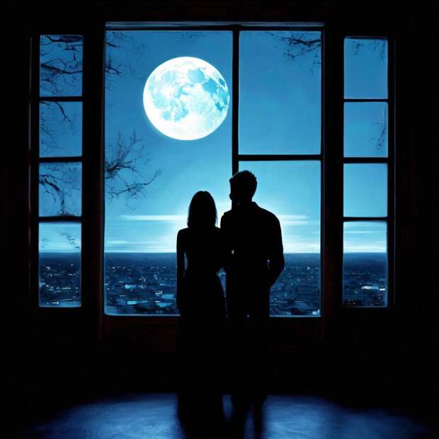 человек стоит у окна в лунную ночь