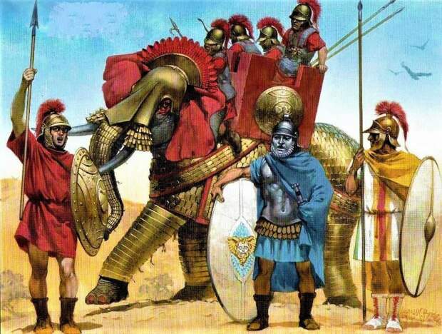 Реконструкция воинов армии Антиоха III Великого: пехотинцы и боевой слон (верхний рисунок), тяжёлая и лёгкая кавалерия (средний рисунок), конные лучники (нижний рисунок).  