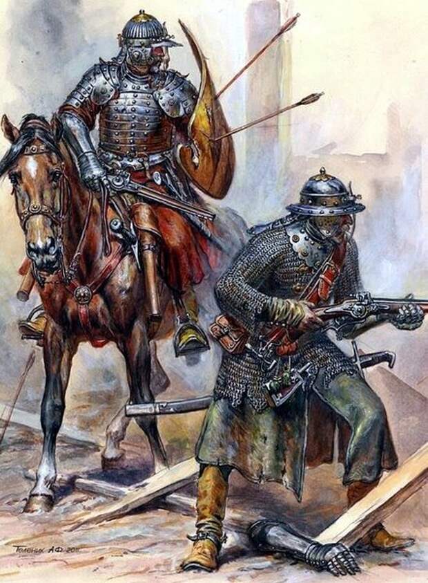 Гусар, где-то потерявший крылья, и спешенный казак-панцирник