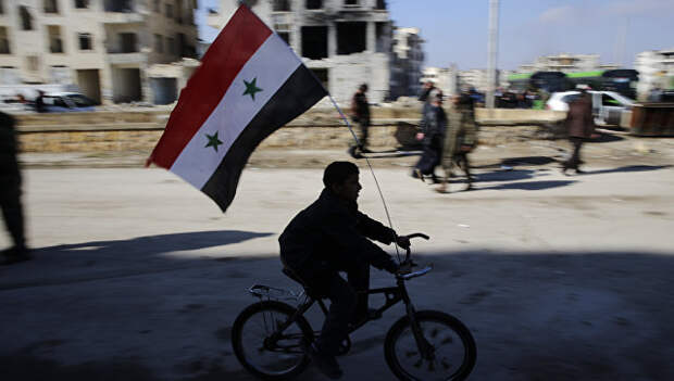 Мальчик с флагом Сирии в Алеппо. Архивное фото