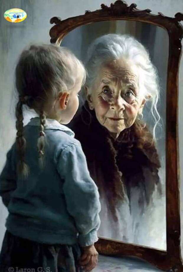 Я бы эту картинку сделал наоборот - в зеркало смотрится бабулечка, а в отражении видит девочку. Каждый из нас внутри ребенок, сколько бы лет ему не было - душа человека не стареет (прим. от автора канала). 