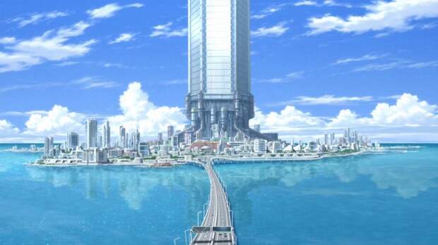 Основание лифта совершенно не обязано выглядеть как массивная бетонная башня (кадр из аниме Gundam 00)