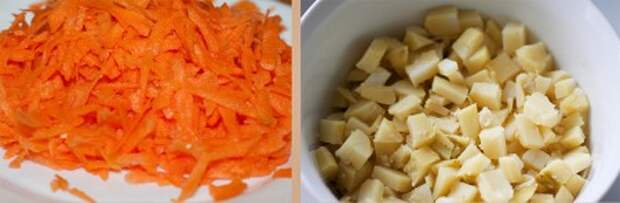 Отварите картофель и нарежьте кубиками. Свежую морковь натрите на крупной терке.