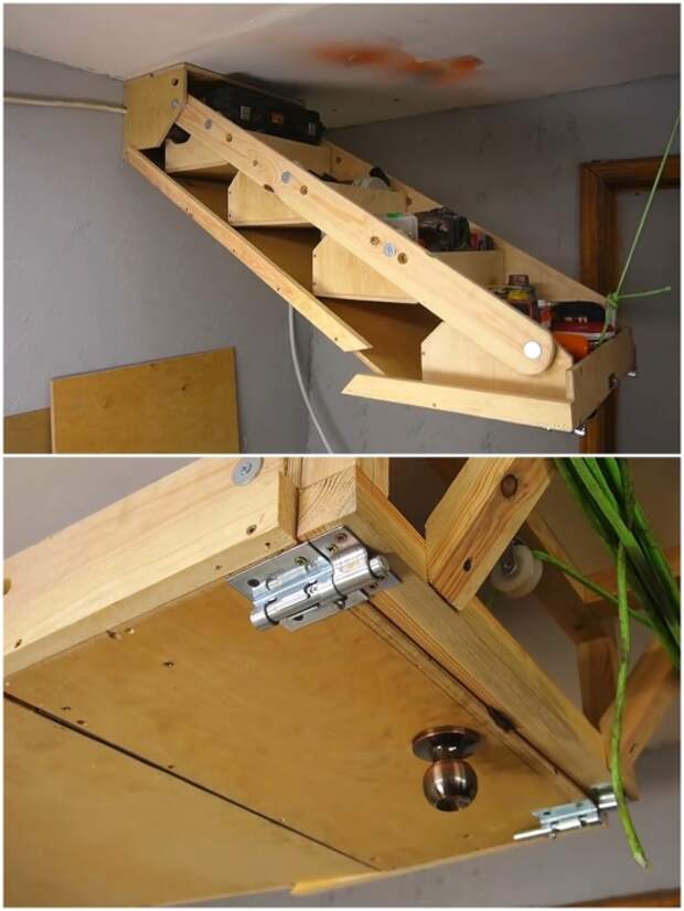 Процесс поднятия/опускания подвесной полки-стеллажа. | Фото: youtube.com/ © Men's Craft.