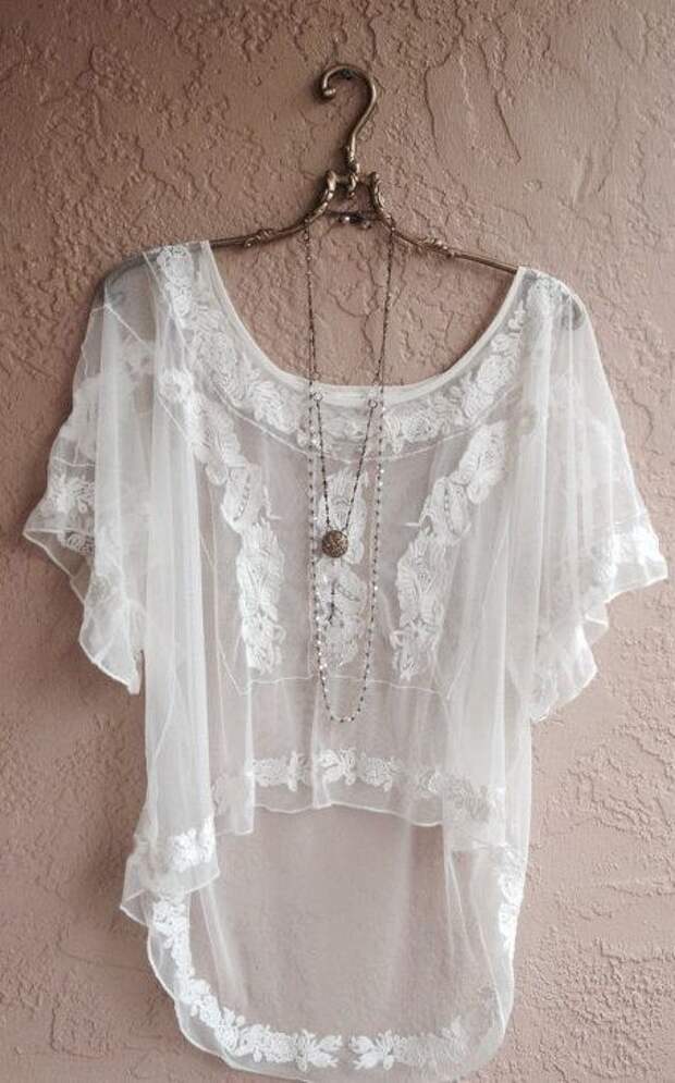 White Embroidered Sheer hi low peasant blouse: 