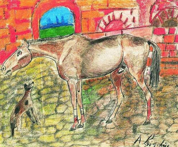 cortile-con-cavallo-e-cane-1960-1961-pastello-a-cera.jpg