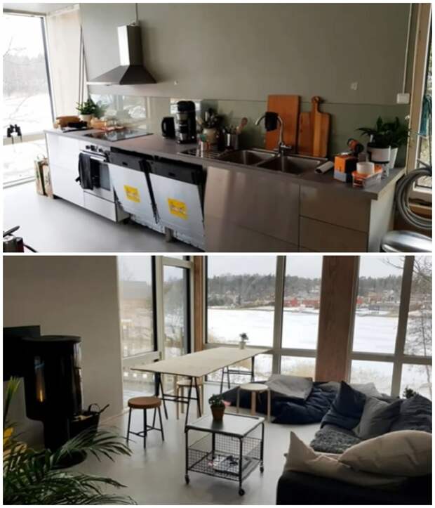Зона кухни и столовой находятся на втором уровне (Container House, Швеция). 