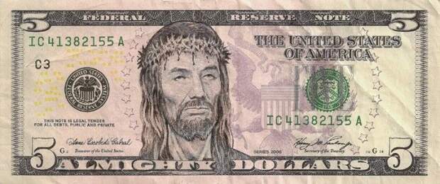 Иисус Х. доллары, портреты на долларах, прикол, рисунки на долларах, юмор