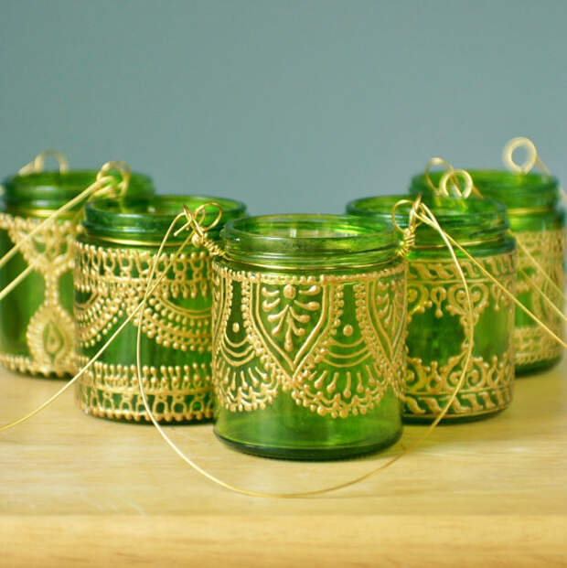 Подвесной подсвечник Вдохновленный Фонари Марокко, Lime Green Тонированные стекла с золотой Акценты