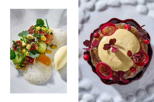 Салат с копчёным угрем и мороженым из кукурузы / Холодец из бычка с муссом из фуа-гра и винной редукцией