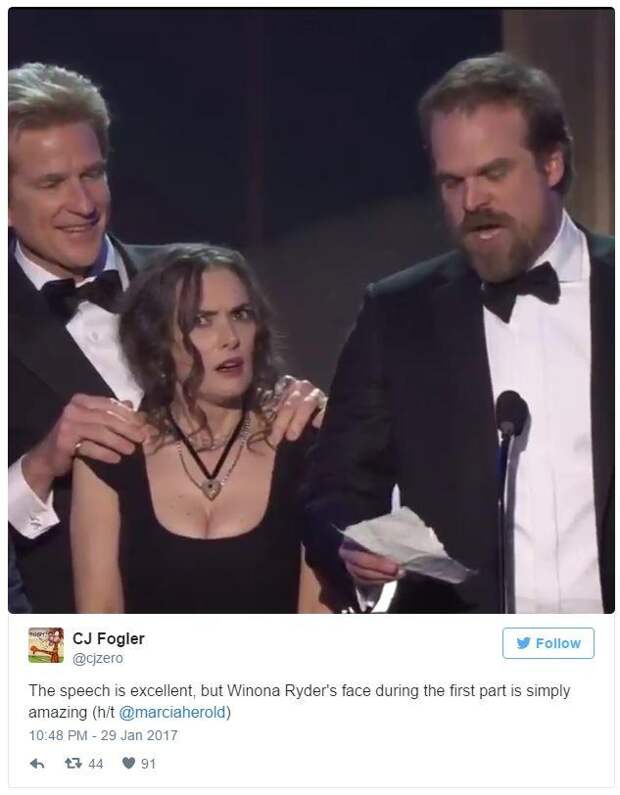 Winona Ryder's SAG Award Reaction - CJ Fogler's Tweet