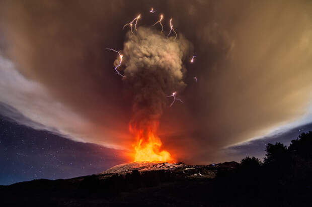 Вулкан Этна выбросил фонтан лавы на километровую высоту вулканы, италия, факты, этна