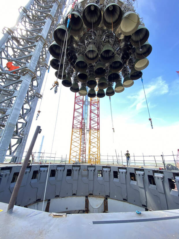 Нижняя часть первой ступени сверхтяжелой системы Super Heavy -- Starship с двигателями Raptor. Фото из твиттера Илона Маска